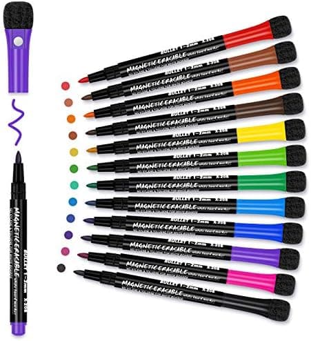 Whiteboard Marker 12 Farbe + Schwamm Magnete + Lehrer Zubehör + Schule Zuhause Büro + Abwischbare Stifte + Magnettafel