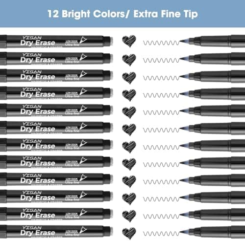 YISAN Magnetische Whiteboard Stifte, Schwarz, extra feine Spitze, abwischbar, 0,7 mm, Radiergummi, 12,70573