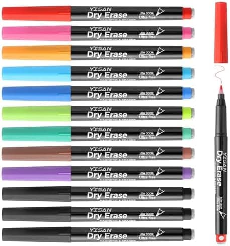 YISAN Magnetische Whiteboard Stifte 0,7 mm Extra Feine mit Radiergummis für Whiteboard 12 Farben Geringer Geruch 70566