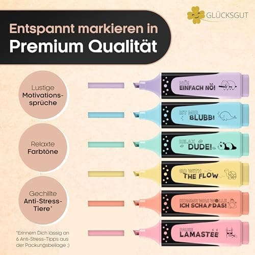 6x Textmarker Pastell - Geschenkbox & Anleitung - Anti Stress - Büro, Schule, Studium, Uni - Perfektes Abschiedsgeschenk