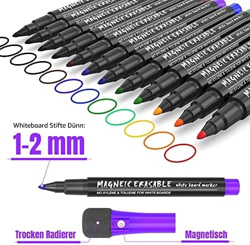 Whiteboard Marker 12 Farbe + Schwamm Magnete + Lehrer Zubehör + Schule Zuhause Büro + Abwischbare Stifte + Magnettafel