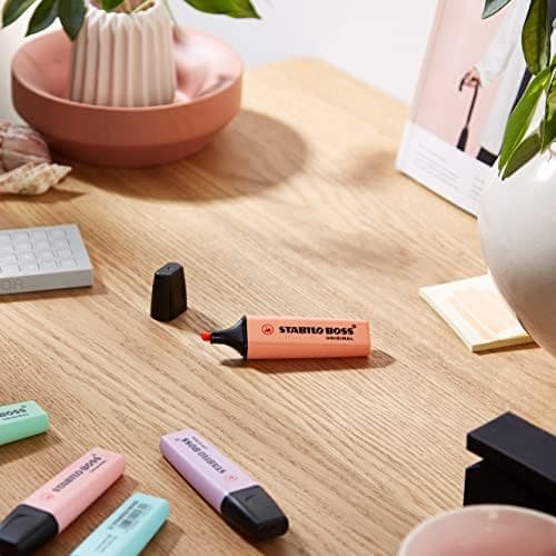 STABILO Textmarker BOSS ORIGINAL Pastel - 6er Pack - Pudriges Gelb, cremige Pfirsichfarbe, rosiges Rouge, Schimmer von L