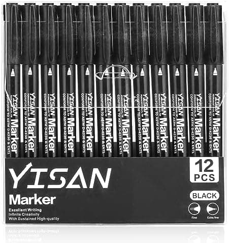 YISAN Dünn Permanent Marker Schwarz, Wasserfest für Glas und Stein, 12 Stück 70788