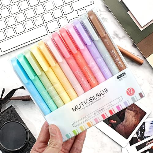 EooUooIP Textmarker Pastell - 12 Stück Doppelspitzen Textmarker, Verschiedene milde Farben, für Schulbüro Schreibwaren u