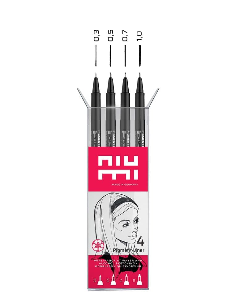 Pigmentliner Starter Set 2 - 4 Finliner 0,3/0,5/0,7/0,9 mm - dokumentenecht, wasserfest - für Outlines, Manga, Skizzen,