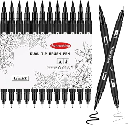 Funnasting Fineliner Stifte Set Schwarz für Künstler, Illustration und Technisches Zeichnen - 12 Stück Dual Brush Pen, S