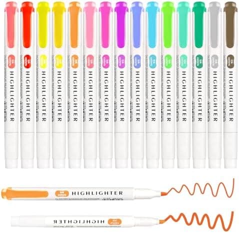 Funnasting Textmarker 15 Farben Pastell mit Zwei Spitzen für Journaling und Bürobedarf