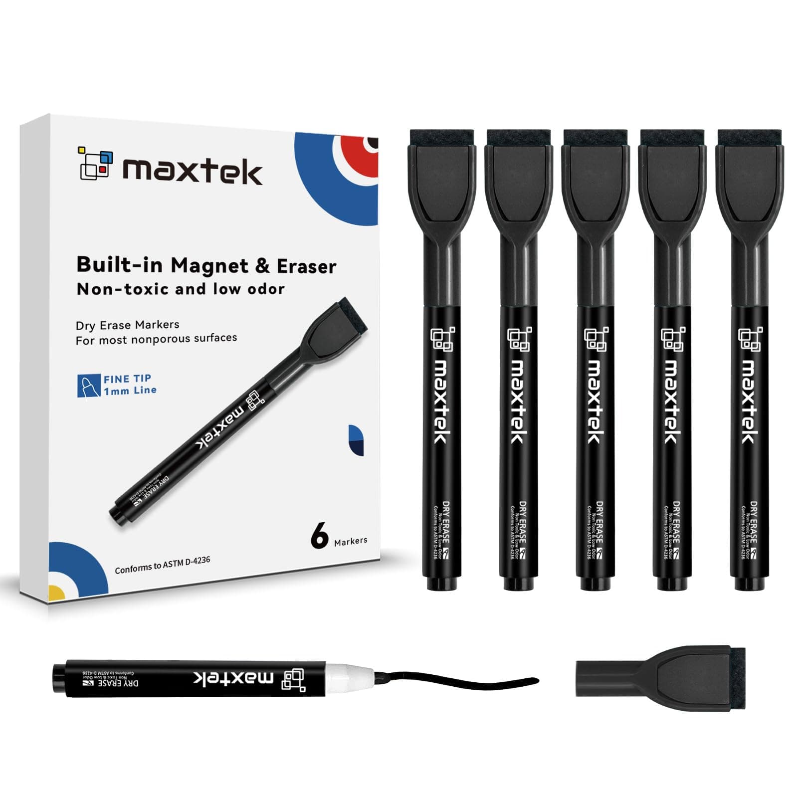 Maxtek Magnetic Dry-Erase Markers, 6 Stücke, Schwarz, Trockenausschlag, Radiergummi, Abwischbar, Geruchsarmer, Ethikomsi