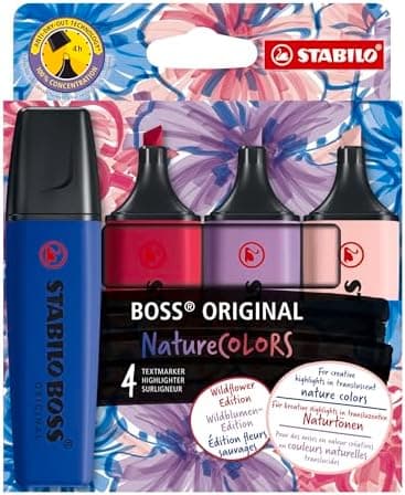 STABILO Textmarker BOSS ORIGINAL NatureCOLORS - Farbmuster für jeden Anlass - 4er Pack - Rouge, Ultramarinblau, Grauviol