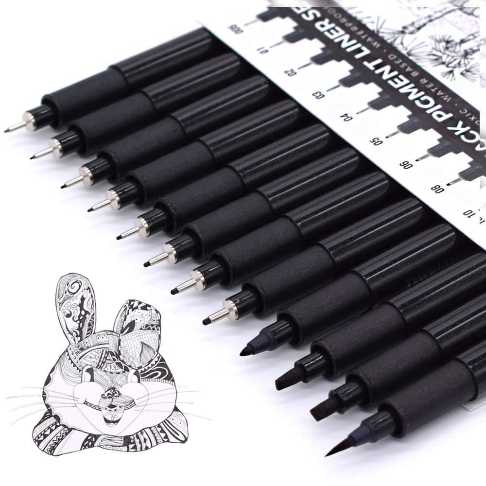 TWOHANDS Schwarz Fineliner Stifte für Künstler und Designer - Wasserdichte Pigment Liner Set - 12 Stück - Ideal für Illu
