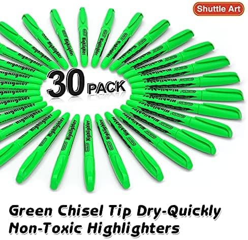 Shuttle Art Textmarker, 30 Stifte, Grün, schnell trocknender, ungiftiger, fluoreszierender Markierer für Erwachsene und