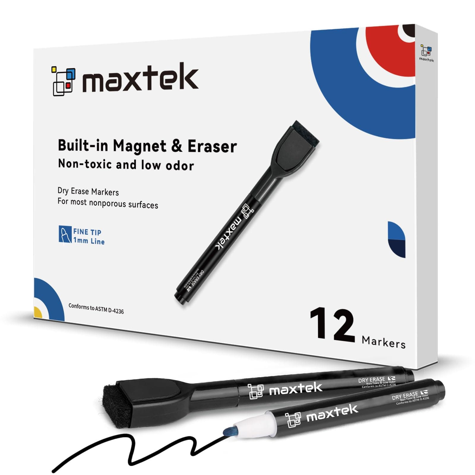 Maxtek Magnetische Whiteboard Marker – 12 Schwarz Stifte, Abwischbar, Feinspitze 1–2 mm, für Zuhause, Schule & Büro (12