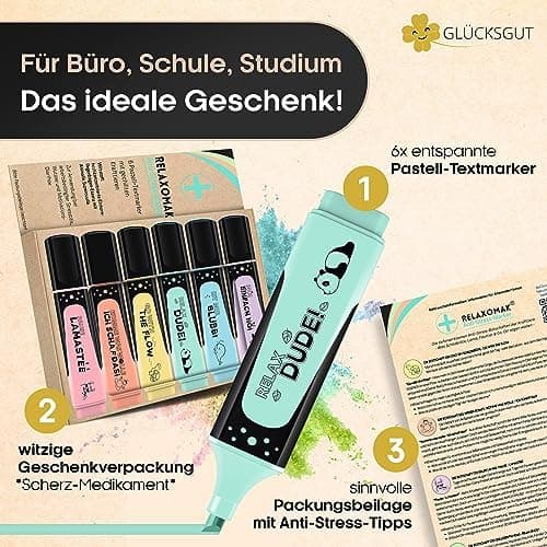 6x Textmarker Pastell - Geschenkbox & Anleitung - Anti Stress - Büro, Schule, Studium, Uni - Perfektes Abschiedsgeschenk