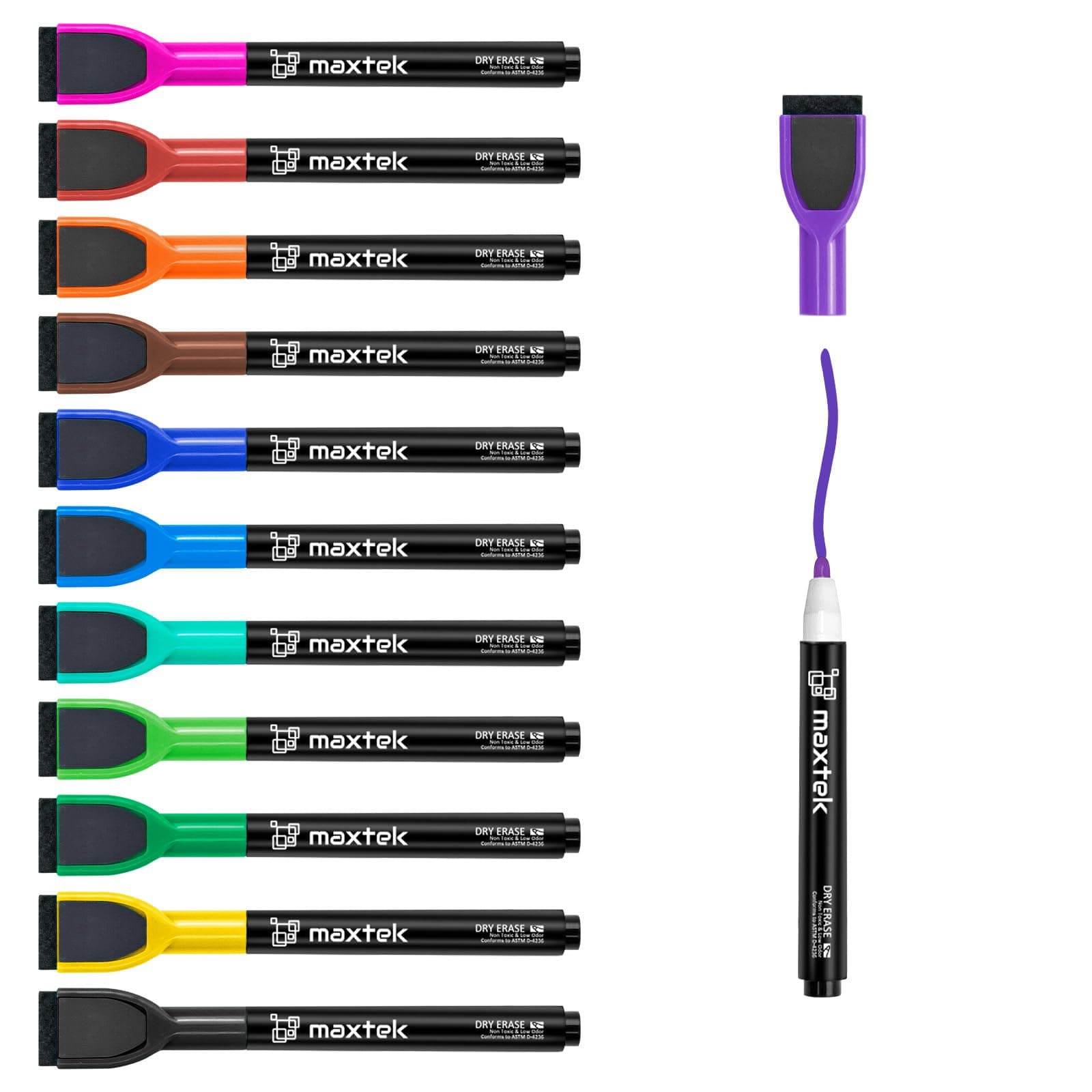Maxtek Magnetische Whiteboard Marker - 12 Farben, abwischbar, Feinspitze 1-2 mm, für Zuhause, Schule & Büro (12 Stück) G