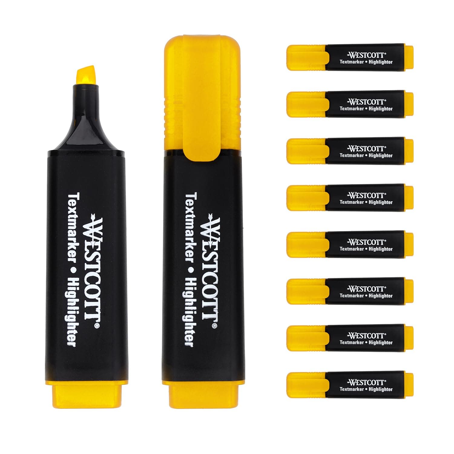 Westcott Textmarker E-743687 00 | 10 Stück gelb | 10er Pack | Leuchtendes Gelb | 2-5 mm Strichstärke | Premium Tinte aus