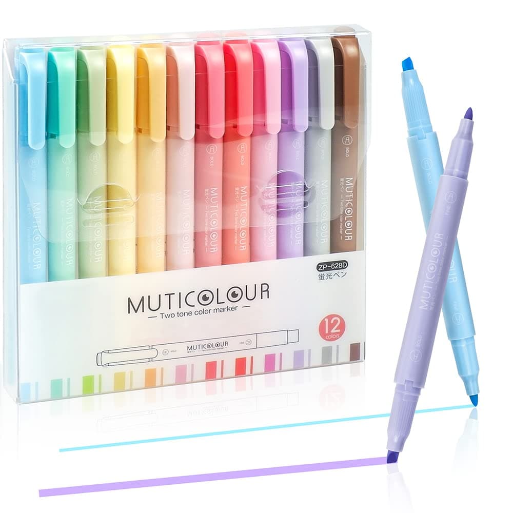 EooUooIP Textmarker Pastell - 12 Stück Doppelspitzen Textmarker, Verschiedene milde Farben, für Schulbüro Schreibwaren u