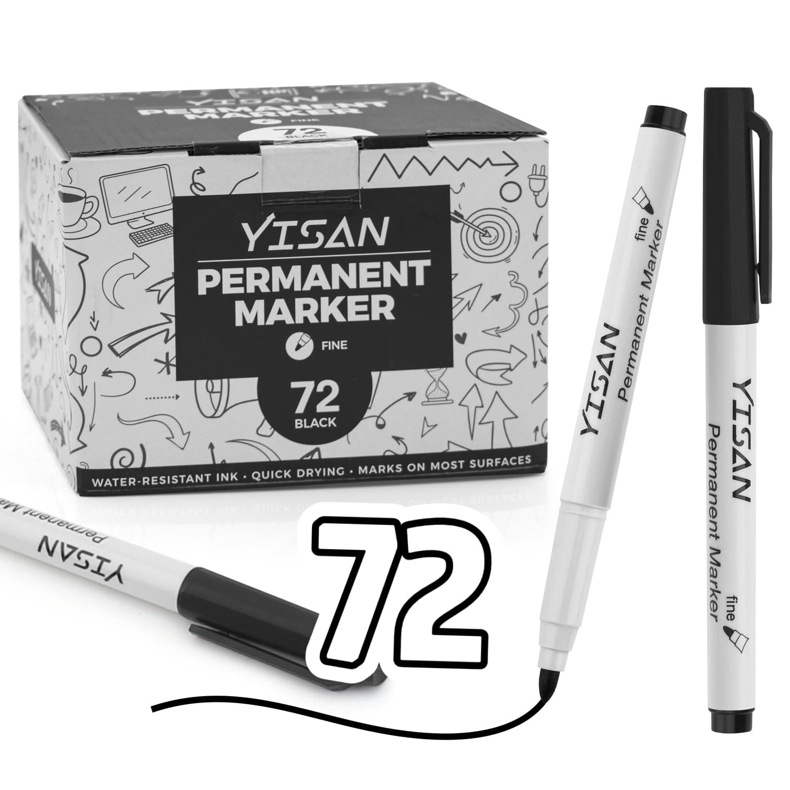 YISAN Schwarz Permanent Marker für Kunststoff, Stein, Glas, Metall - 72 Stück, feine Spitze, dünne Linien
| YISAN Schwa