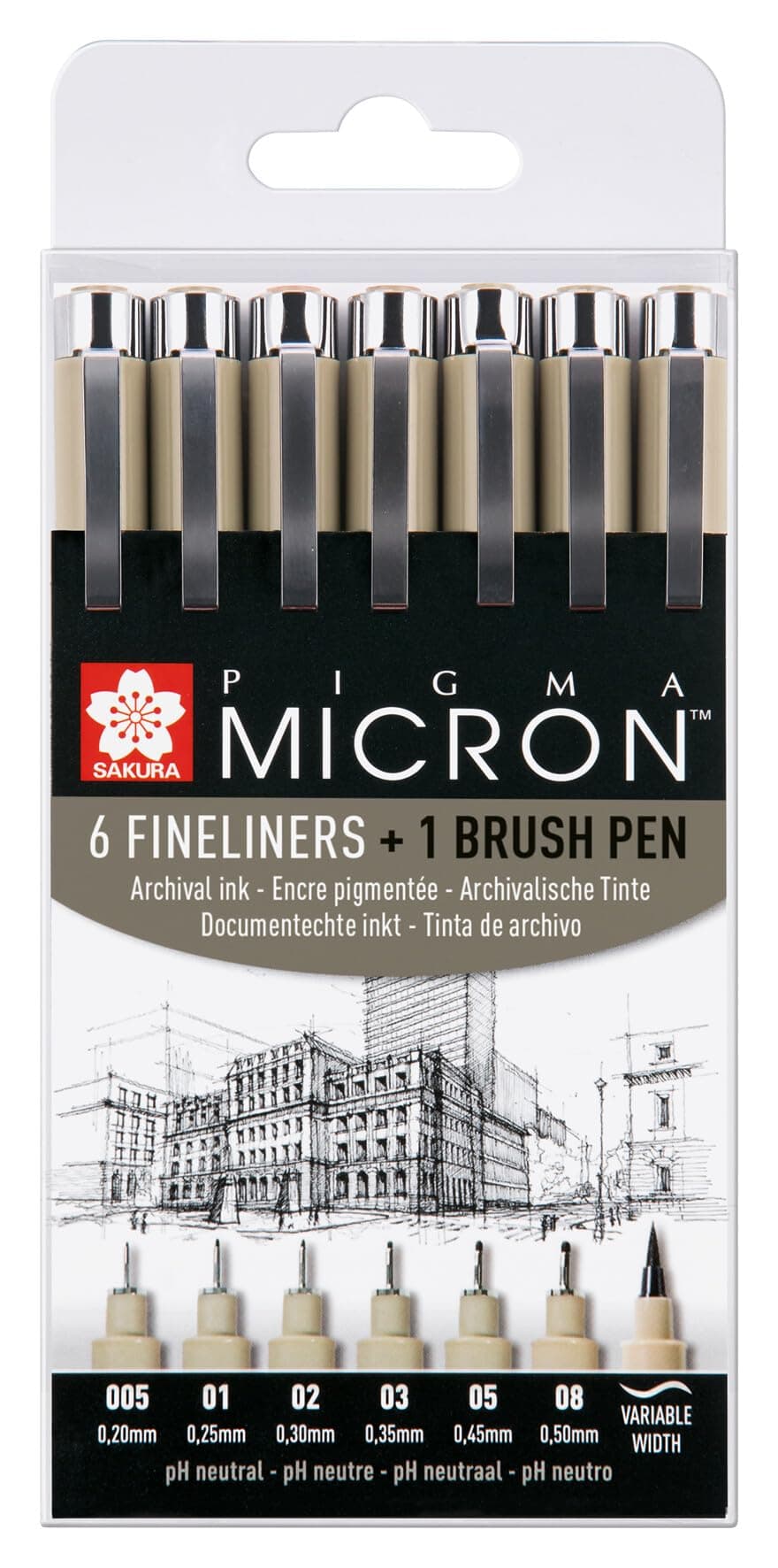 SAKURA Pigma Micron Fineliner-Stifte 6er-Set + Pinselstift | Wasserfeste, permanente schwarze Tinte | Kleinige Schreib-