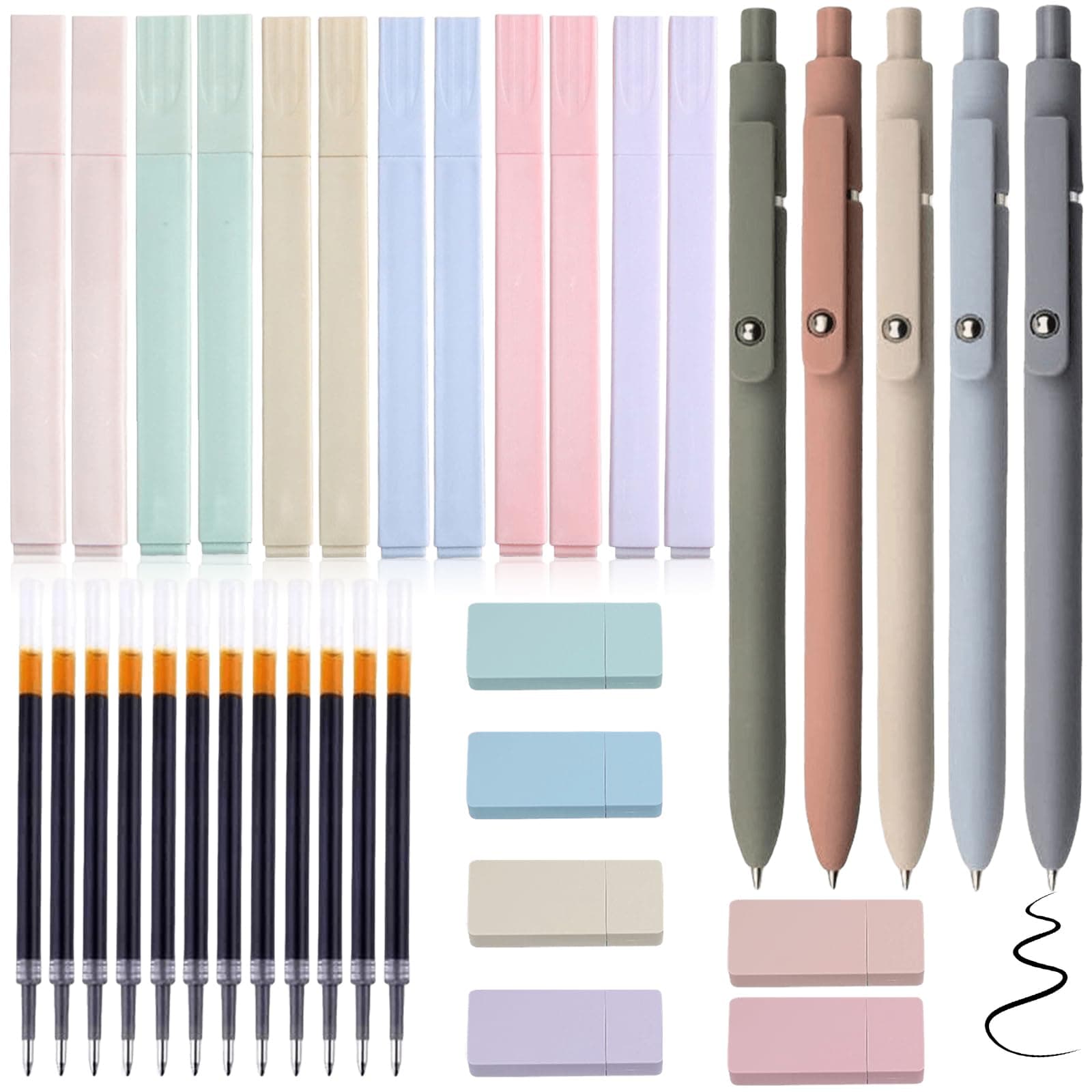 23 Aesthetic Pastell Textmarker für Journalisten und Studenten - 12 No-Bleed Stifte, 6 Korrekturrollen und 5 schwarze Ge