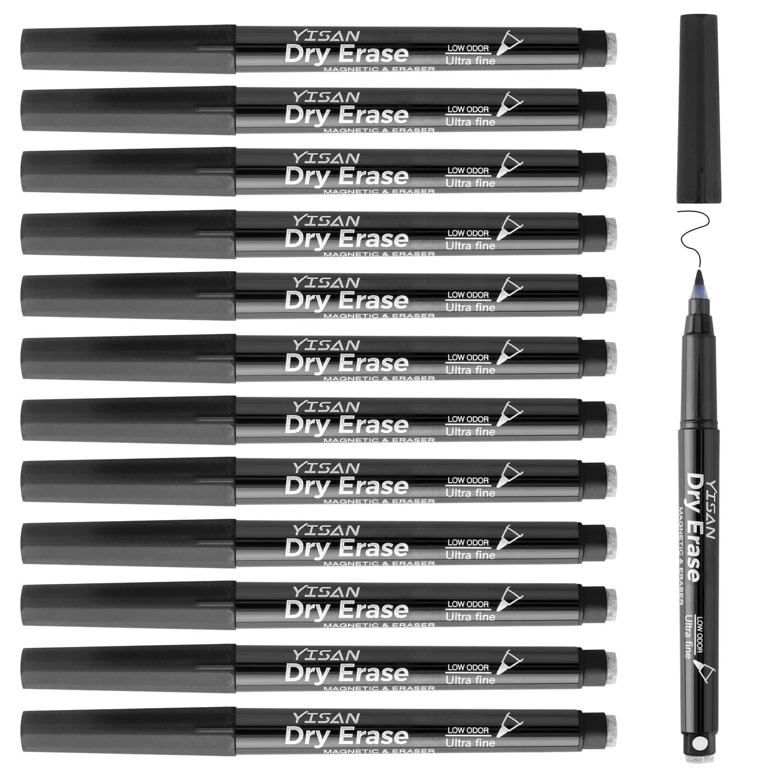 YISAN Magnetische Whiteboard Stifte, Schwarz, extra feine Spitze, abwischbar, 0,7 mm, Radiergummi, 12,70573