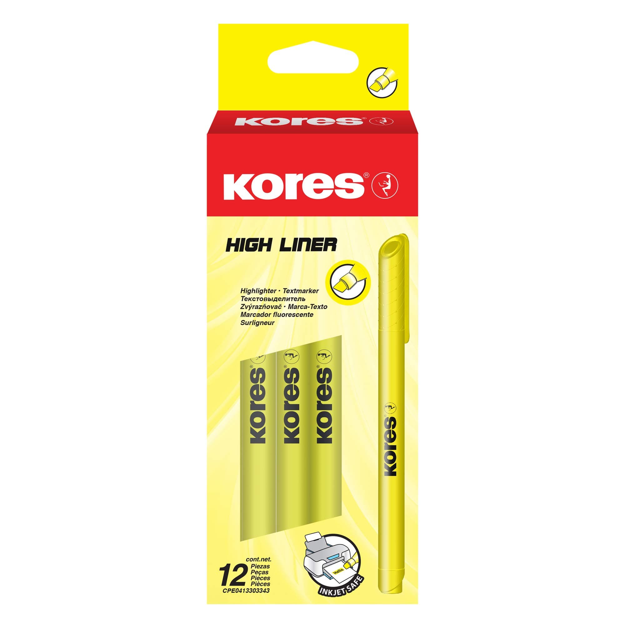 Kores High Liner Dünne gelbe strahlende Textmarker Stifte für Schul- und Büro, 12 Stück Packung,enameslerte Wassermischf