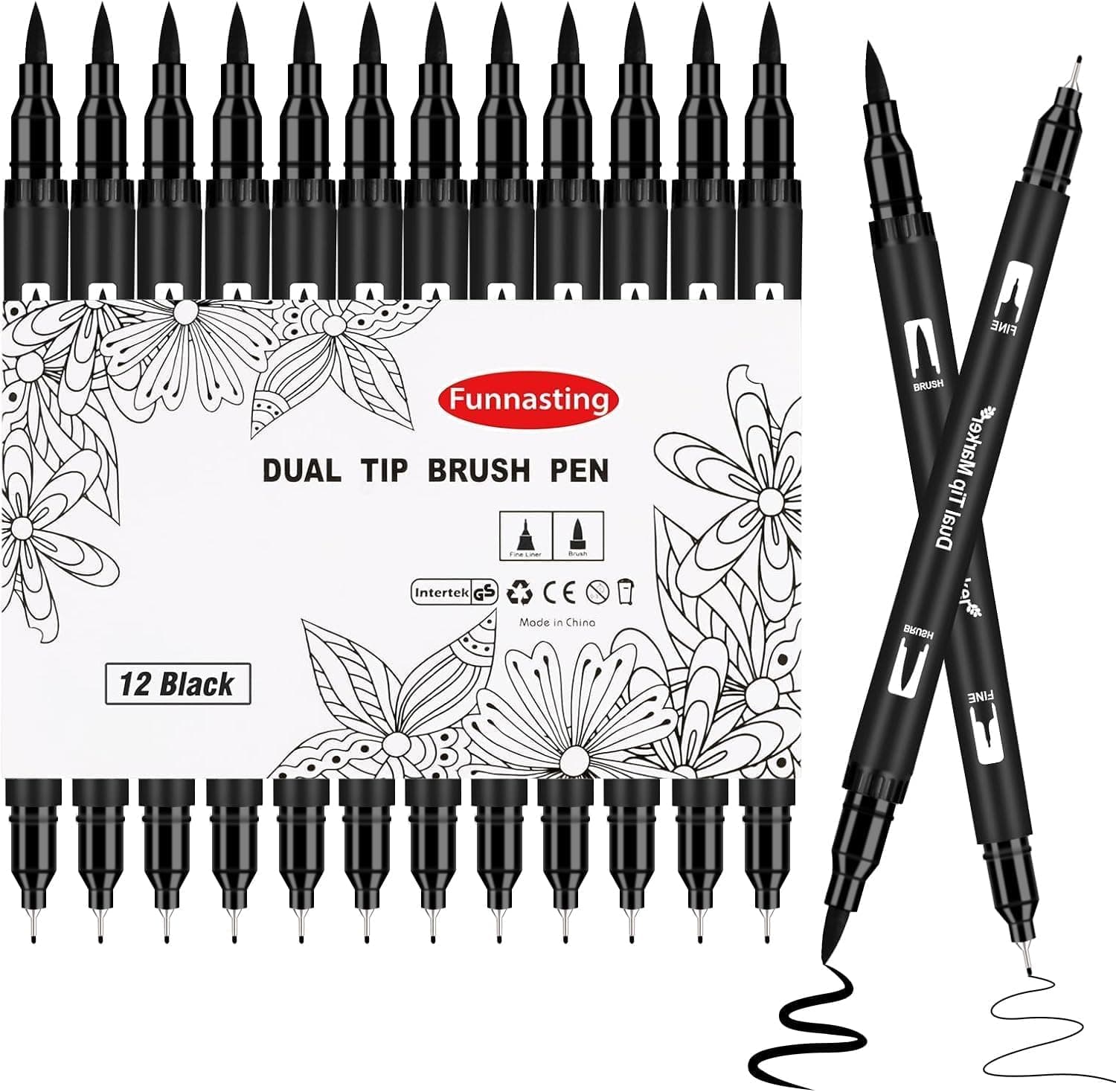Funnasting Fineliner Stifte Set Schwarz für Künstler, Illustration und Technisches Zeichnen - 12 Stück Dual Brush Pen, S