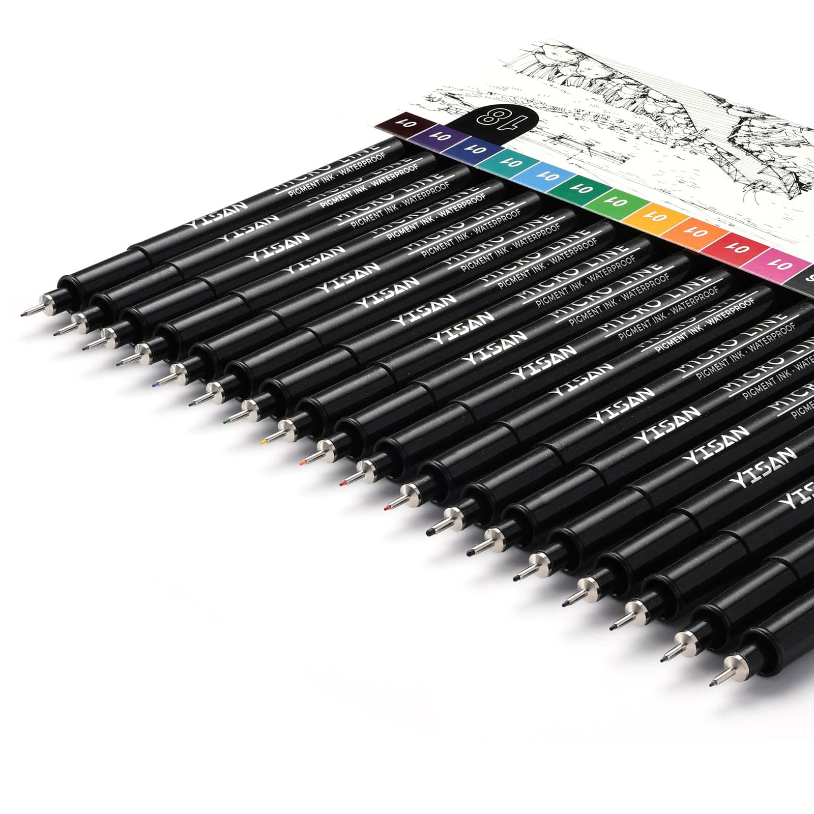 YISAN 18er-Pack Fineliner Schwarze & Bunt für Zeichenstifte, Pigment Liner, Manga-Stifte - zum Skizzieren & technisches