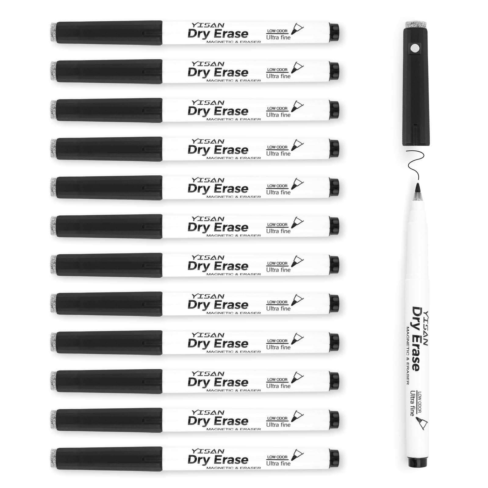 YISAN Magnetische Whiteboard Stifte - Schwarz, extra fein 0,7 mm, abwischbar für professionelle Whiteboard-Notizen 12,70