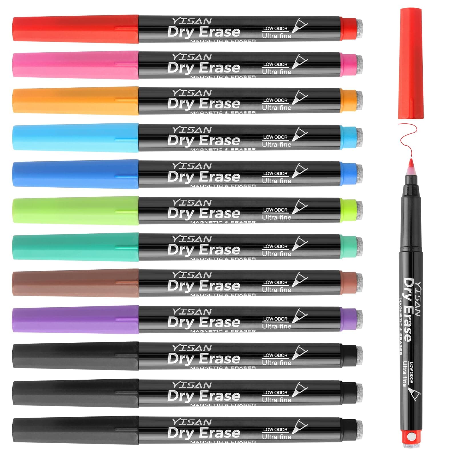 YISAN Magnetische Whiteboard Stifte 0,7 mm Extra Feine mit Radiergummis für Whiteboard 12 Farben Geringer Geruch 70566