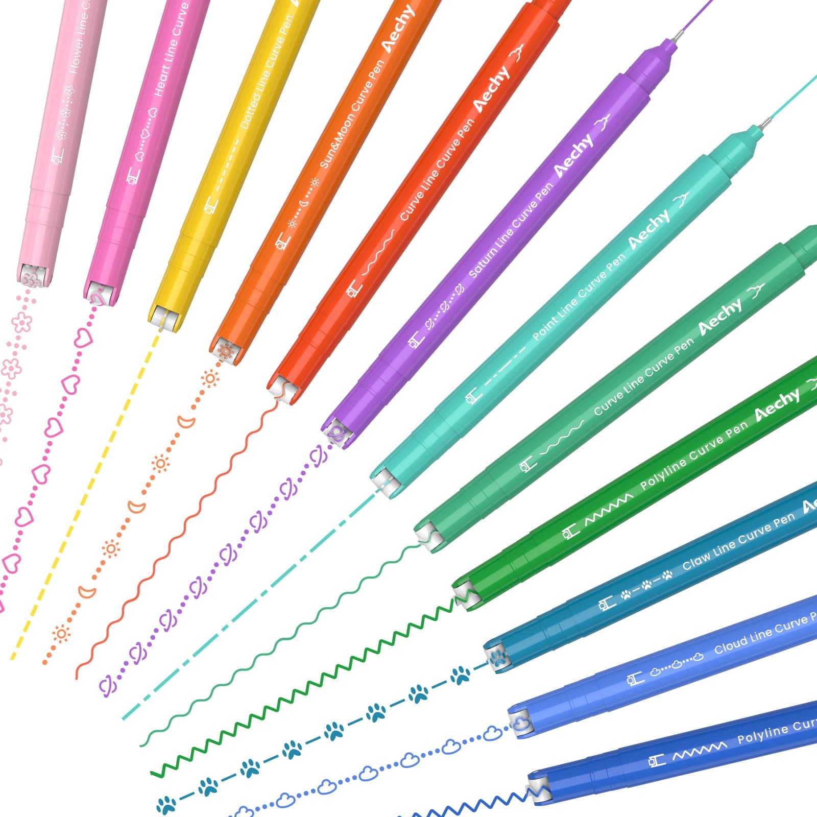 AECHY 12er Set Textmarker für Kreative, Studierende und Kinder - 10 Muster, 12 Farben, feine Linien und Highlighter - Ge