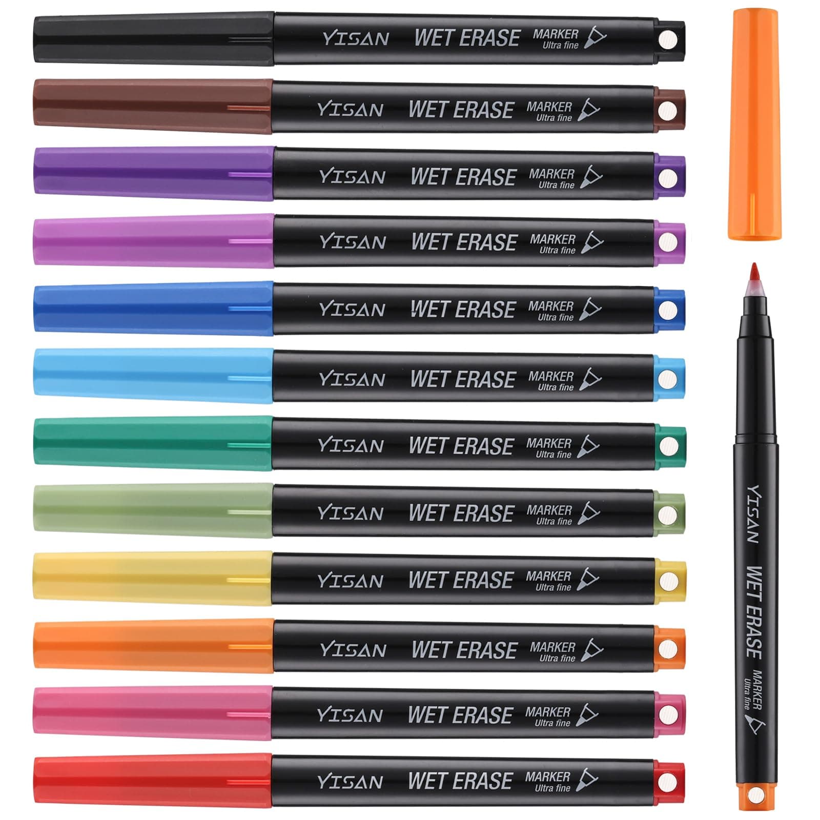 YISAN Wasserlöslich Whiteboard Marker für professionelle Use, feucht abwischbar, 0.7mm ultrafeine Spitze, 12 Farben Set,