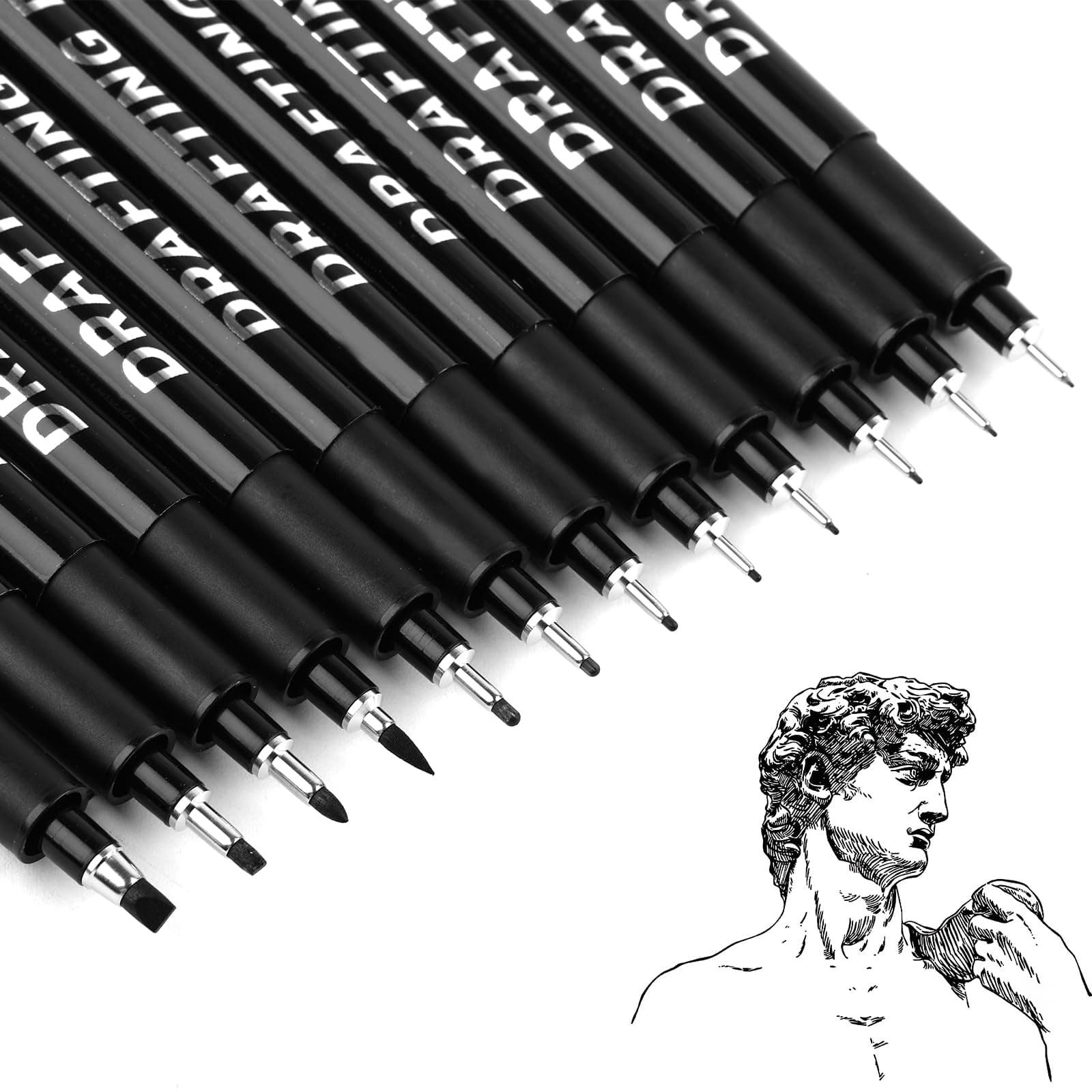 Fineliner Schwarz Stifte, 12 Stück Set, Wasserfeste Tuschen, für Zeichnen, Skizzieren und Technische Zeichnung
