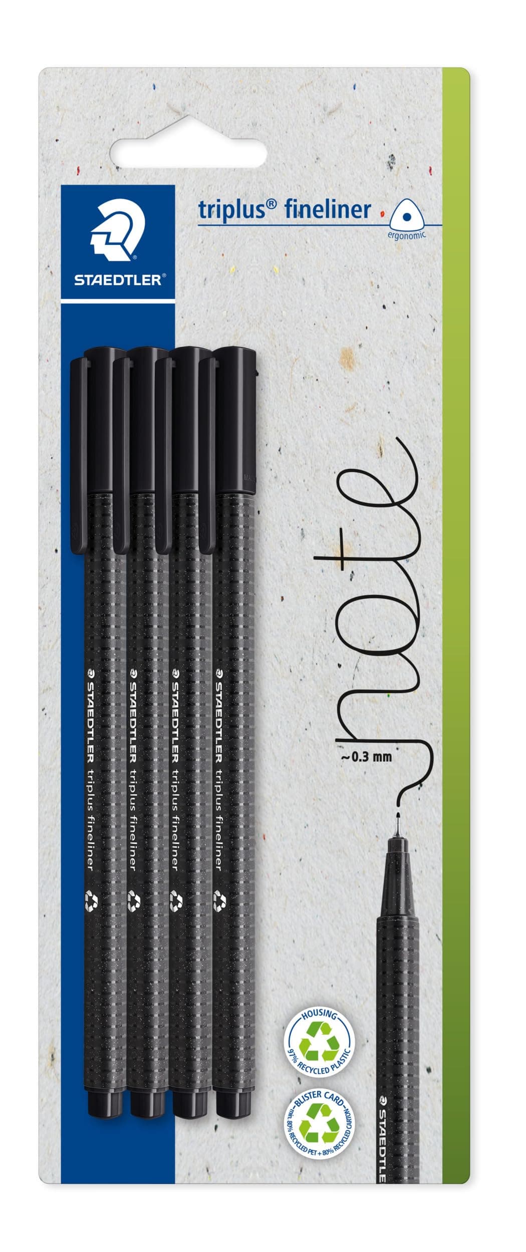 STAEDTLER Fineliner Dreikant, superfeine metallgefasste Spitze, 334-9 BK4, 0.3 mm Breite, 97% Rezyklat, Set mit 4 Stück,