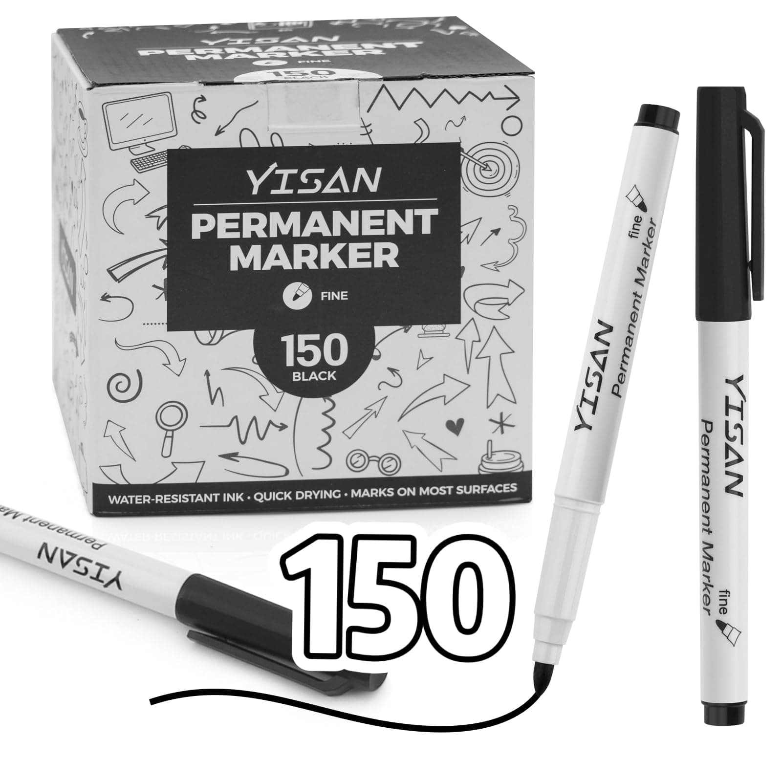 YISAN Schwarz Permanent Marker, dünn, für Kunststoff, Stein, Glas, Metall - 150 Stück - feine Spitze - Permanenttinte 71