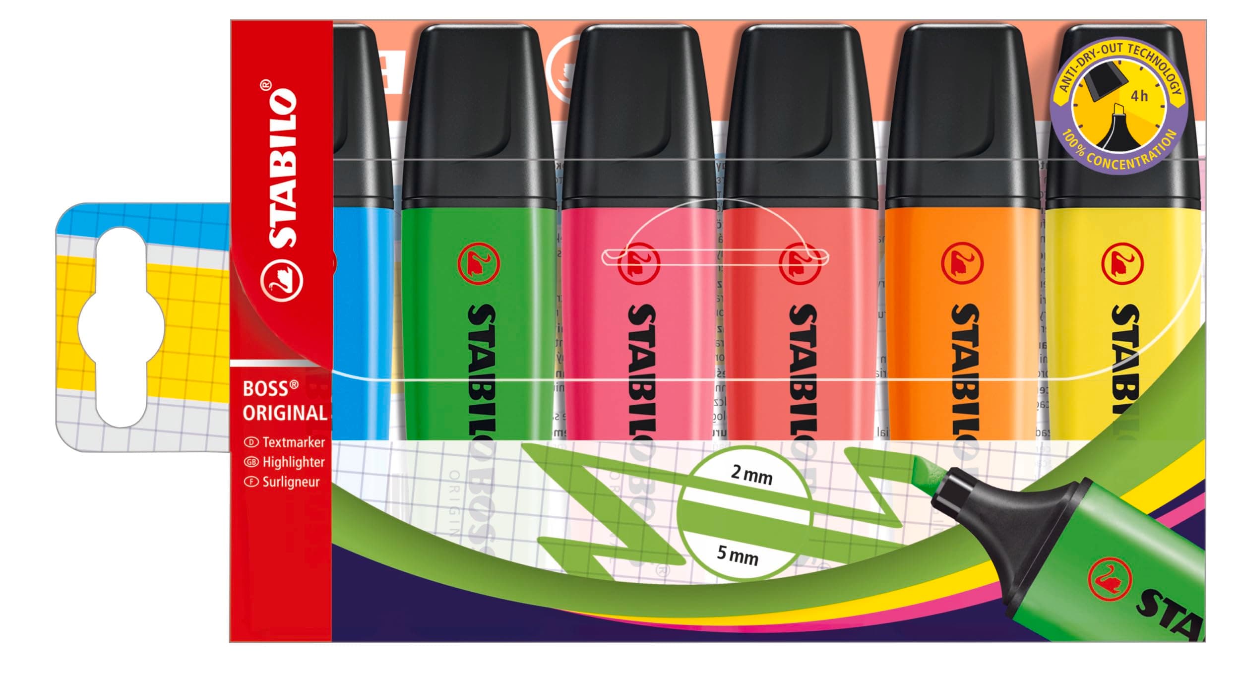 STABILO Textmarker BOSS ORIGINAL für Businessprofi - Büro- und Schulgebrauch - Anti-Knicks-Textmarker im 6er Pack - Perm