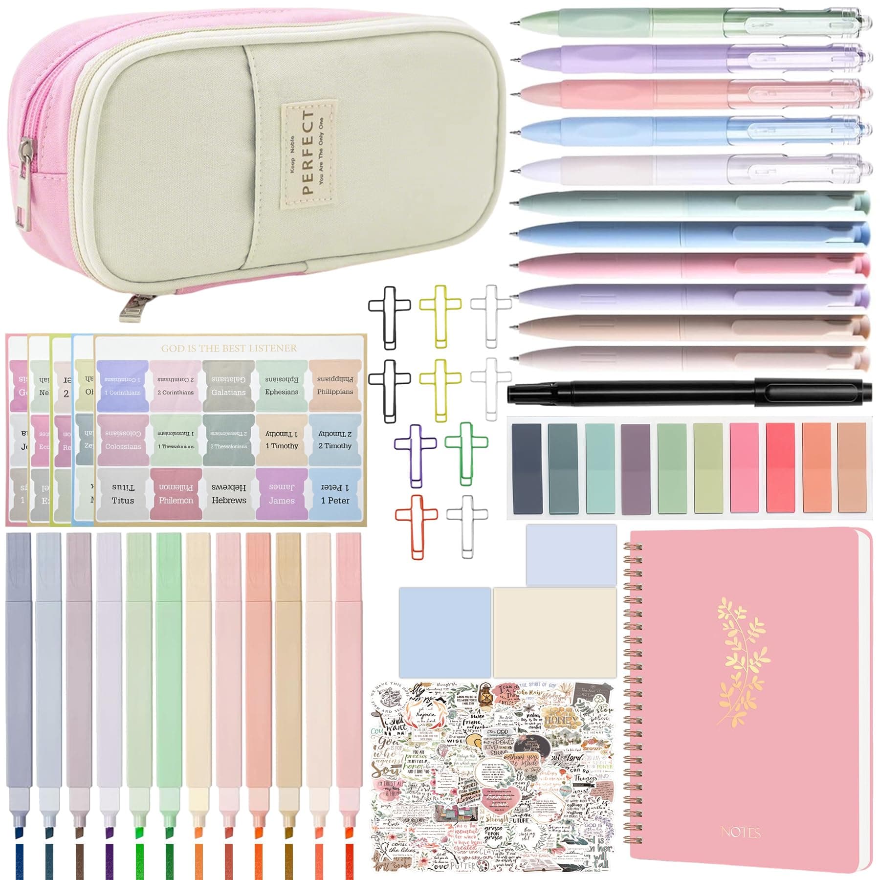 FEMBW 95 Stück Bible Study mit Mäppchen - Bibel Journaling Zubehör für Frauen mit 12 Pastell Textmarkern, 11 Gelstiften,