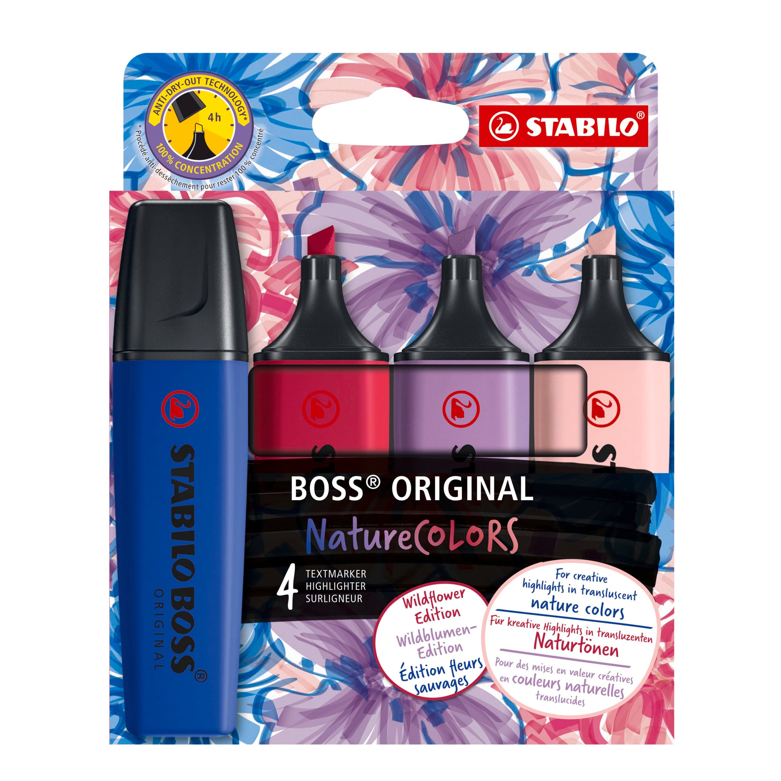 STABILO Textmarker BOSS ORIGINAL NatureCOLORS - Farbmuster für jeden Anlass - 4er Pack - Rouge, Ultramarinblau, Grauviol