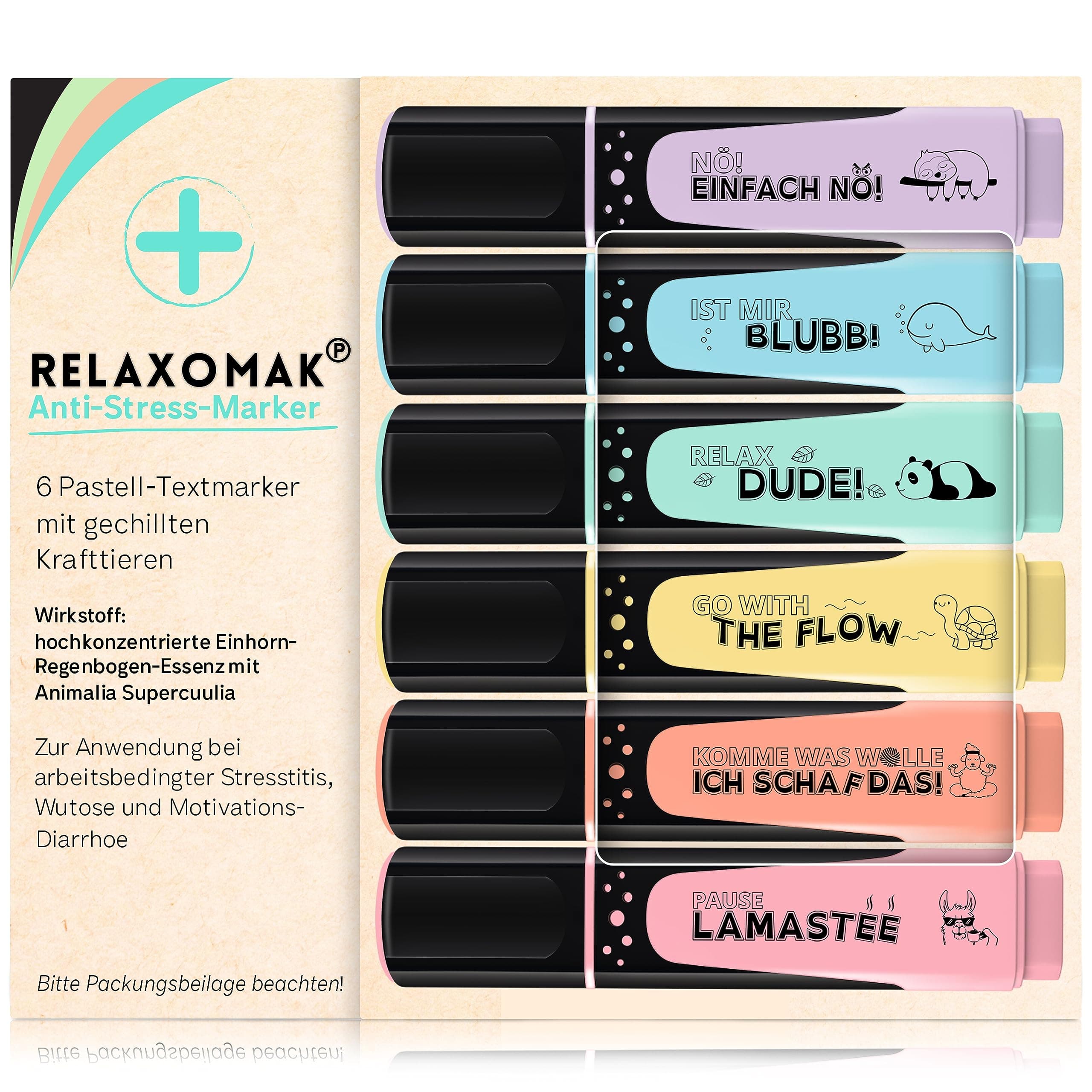 6x Textmarker Pastell - Geschenkbox & Anleitung - Anti Stress - Büro, Schule, Studium, Uni - Perfektes Abschiedsgeschenk