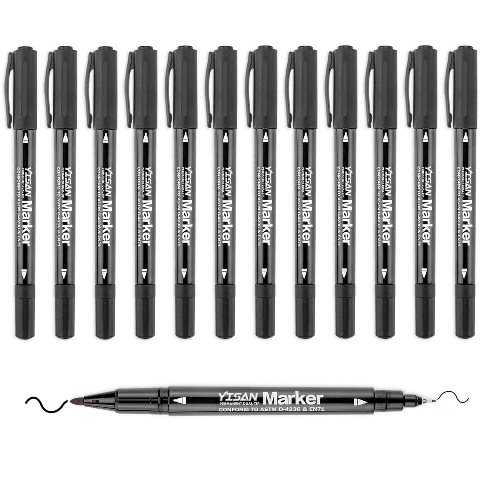 YISAN Dünn Permanent Marker Schwarz, Wasserfest für Glas und Stein, 12 Stück 70788